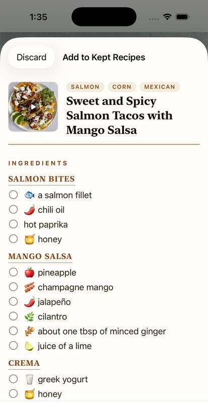 Kept Recipes' import screen turning a screenshotted recipe into a laid-out cookbook page.