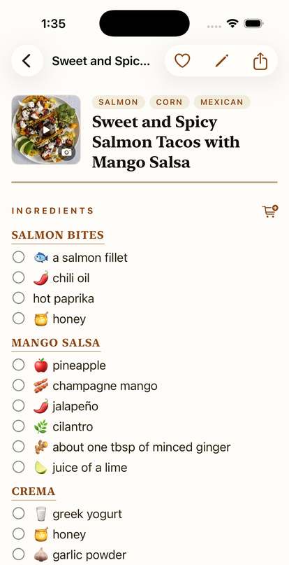 A recipe open in Kept Recipes with tidy ingredient and step checklists and no ads.
