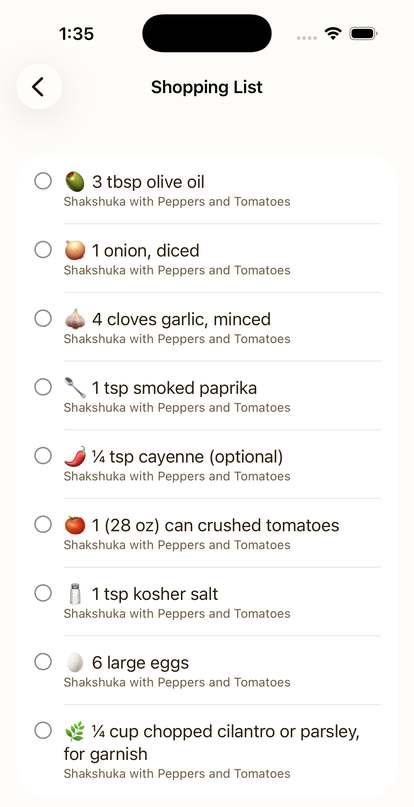 A shopping list in Kept Recipes combining ingredients from several recipes into one list.