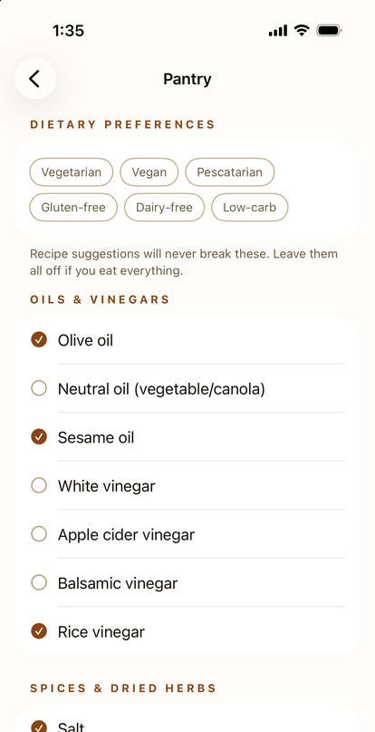 The Kept Recipes pantry screen listing the staples you always keep.