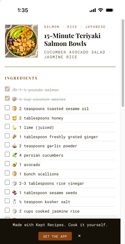 A shared Kept Recipes link open in a phone browser as a full cookbook page.